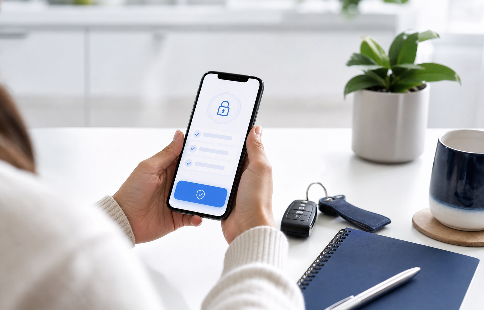 Private consent review on a smartphone beside vehicle keys